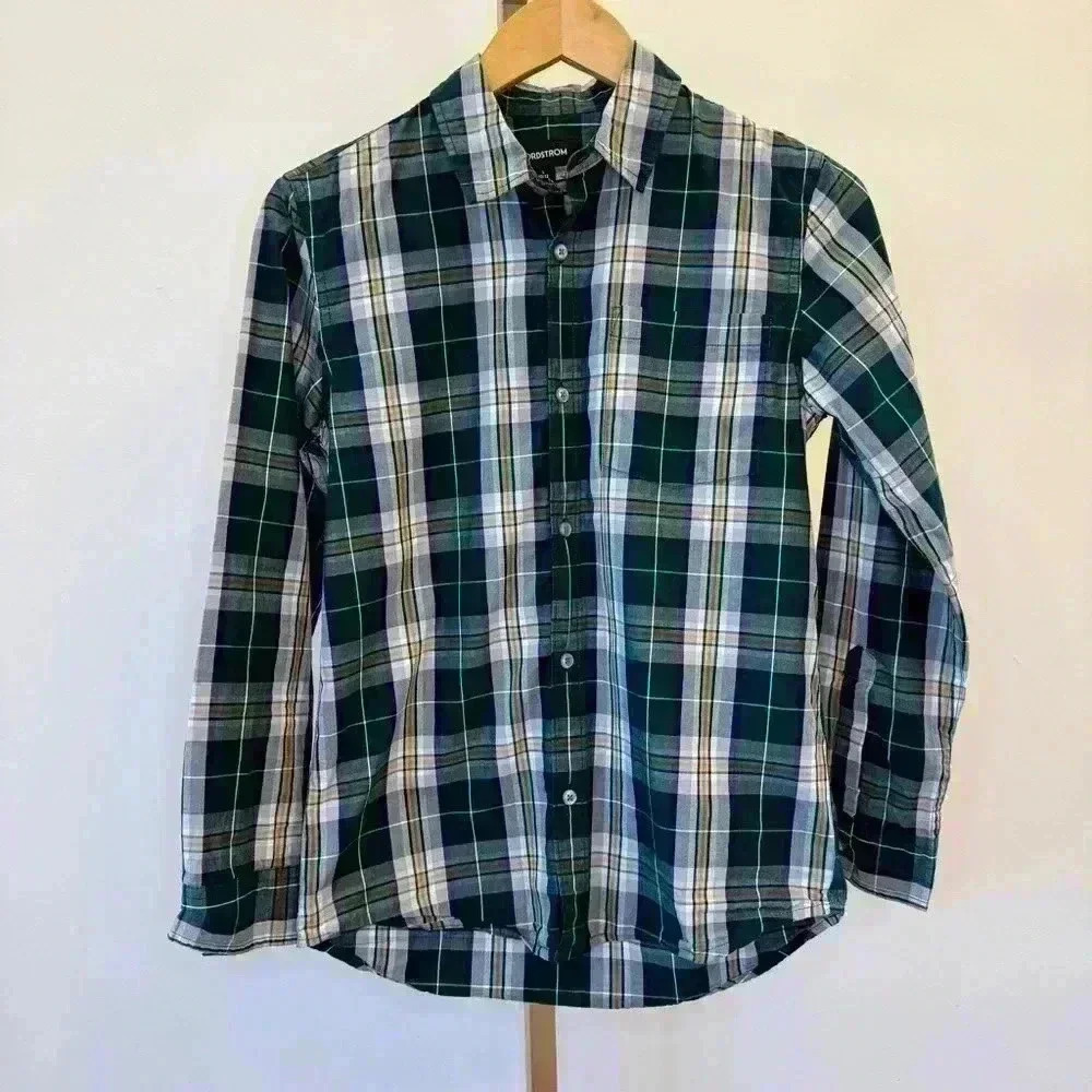 Nordstrom Boy’s Plaid Button-Up Shirt Green Long Sleeve Size L